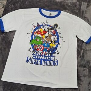 NWOT Disney Marvel Comics Super Heroes Graphic Tee White Blue Ringer Youth XL‎